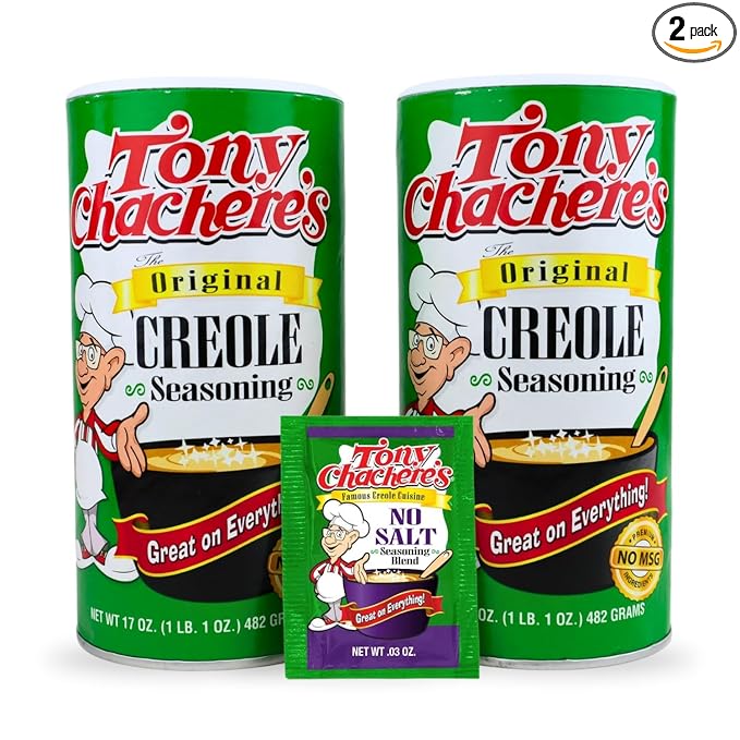 Tony Chachere's Creole and Cajun Seasoning Canisters (2 Pack + Packet) (2 Pack, Original with No Salt Packet)