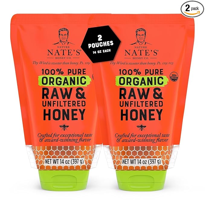Nature Nate's 100% Pure USDA Organic Raw & Unfiltered Honey, Two 14 oz. No-Drip Sustainable Squeeze Pouches; Purity Guarantee, No Additives