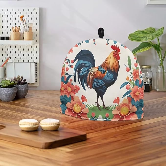 Rustic Farmhouse Teapot Dust Cover Tea Cozy for Teapot,Foldable Kitchen Kettle Dust Cover Tea Pot Decorative Cover for Kitchen,Tea Cosy with Vibrant Rooster (White)