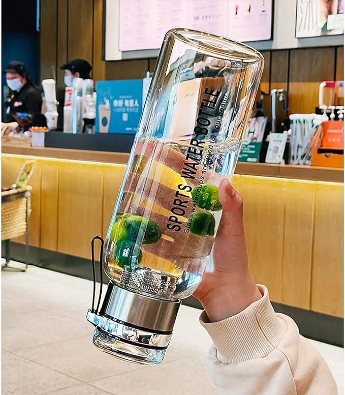 2L Glass Water Bottle with Strap Outdoor Travel Sports Portable Leak Proof Beverage Tea Glass Bottle (Glass,2000ml)