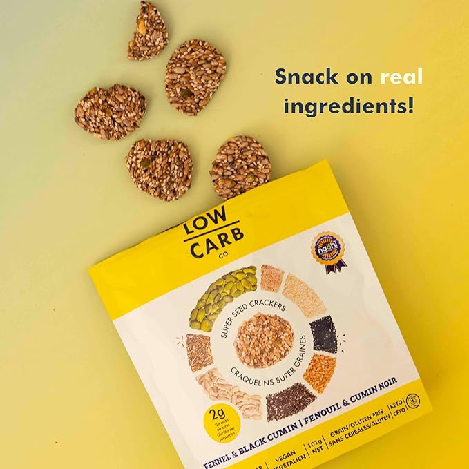 Super Seed Crackers, Gluten Free & Keto Friendly Healthy Snacks, Vegan, Zero Sugar, Paleo & Diabetic Friendly, Nut Free, 20g High Protein, 18g High Fiber, 3.56oz Each, 4-Pack, Fennel & Black Cumin