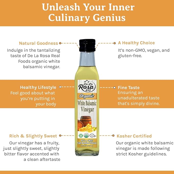 De La Rosa Organic White Balsamic Vinegar, Aged in Spanish Wood Barrels, Kosher for Passover, Vegan & Gluten-Free, Great for Salad Dressing, Marinades, Organic Balsamic Vinegar 8.45 Oz (Pack of 2)