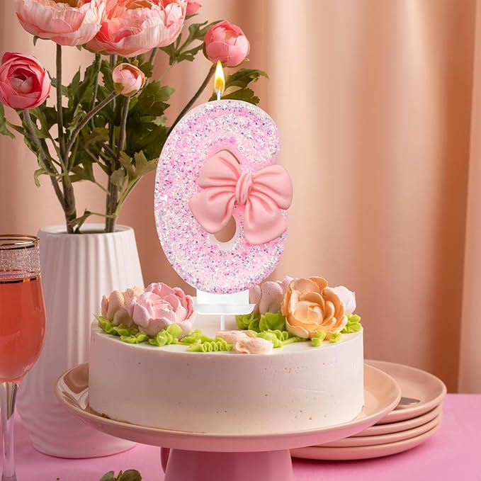 Birthday Cake Candles, Pink Glitter with Bow Cake Candles, Birthday Party Cake Toppers, Cute Birthday Candle Decorations (6)