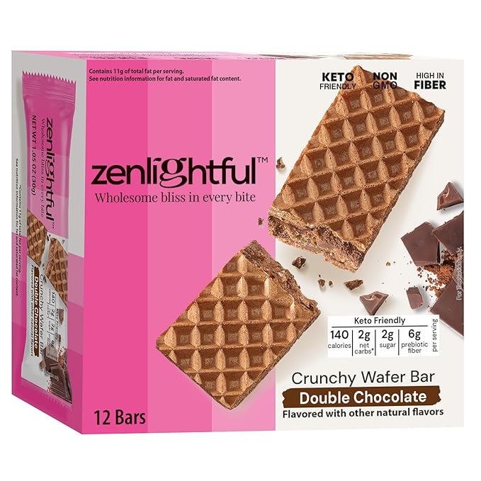 Zenlightful Double Chocolate Wafer Cookies, Low Carb, Low Sugar, Keto Friendly Healthy Snacks, Only 140 Calories, High Fiber, Vegetarian, Non-GMO, 12 Count