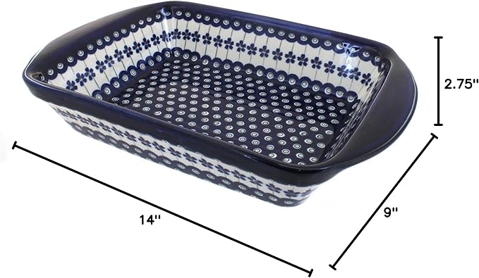 Blue Rose Polish Pottery - Blue Flowering Peacock Rectangular Baker with Handles - 9" x 6.5" - Unique, Dishwasher Safe, & Durable Bakeware