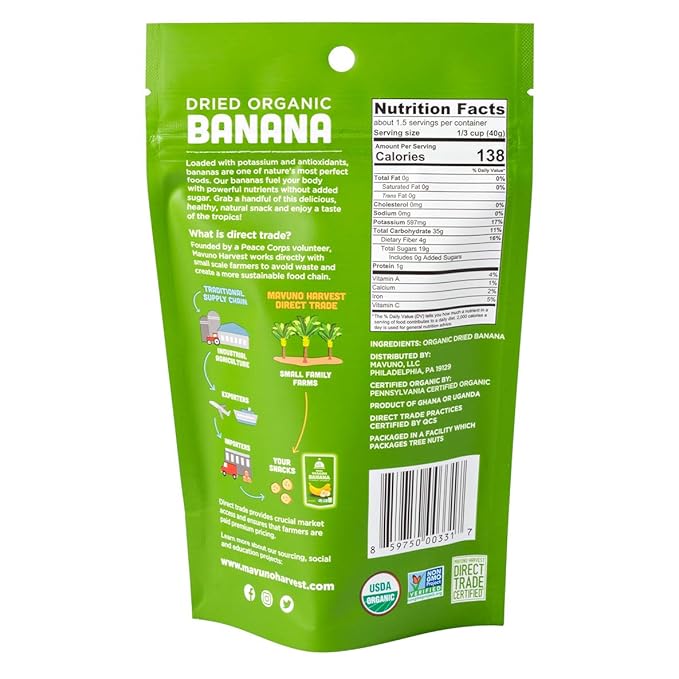 Mavuno Harvest Dried Banana Chips Fruit Snacks | Organic Dried Banana | Healthy Snacks for Kids & Adults | Unsweetened Banana Chips | Gluten Free Snack | Vegan, Non GMO, Direct Trade | 2 Oz, Pack of 6