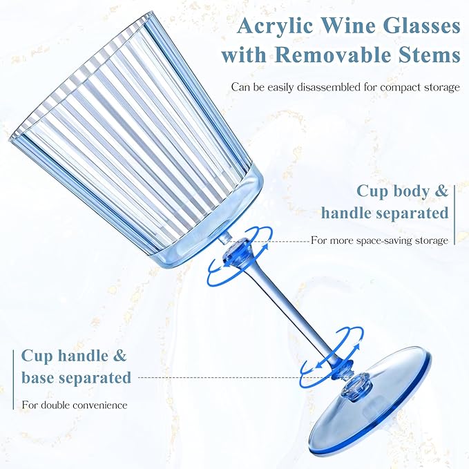12 PCS Blue Ribbed Plastic Wine Glasses 13.5 OZ Ribbed Wine Glasses Detachable Wine Glass Elegant Fluted Glassware Vintage Style for Wedding Anniversary Birthday Dinner Parties(Blue, 12 Pack)