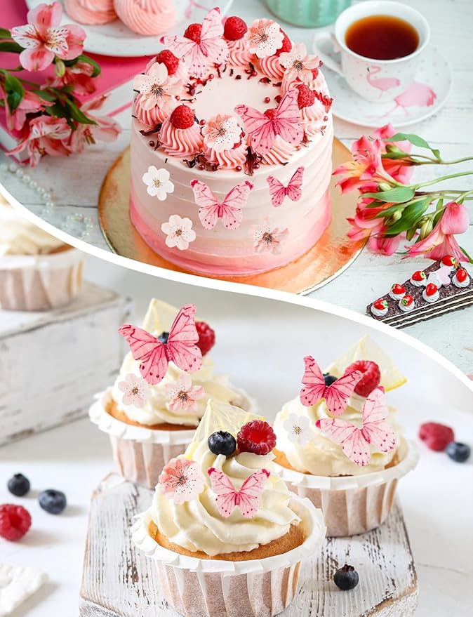 90PCS Wafer Paper Flowers Butterfly Cupcake Toppers, Cherry Blossom Cake Topper for Baby Shower Wedding Birthday Party Cake Food Decorations Supplie