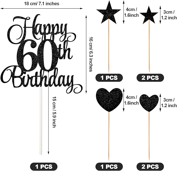 60th Birthday Cake Decorations Set Include 60th Birthday Candles Numeral 60 Cake Candles and Happy 60th Birthday Cake Toppers with Heart Star Cupcake Picks for Birthday Party (Black Series)