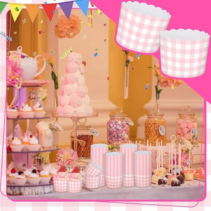 Vesici 150 Pcs Pink Gingham Ice Cream Cups 5oz Dessert Paper Bowls Gingham Scalloped Cupcake Cups Disposable Dessert Bowls for Food Sundae Frozen Yogurt Soup Party Supplies