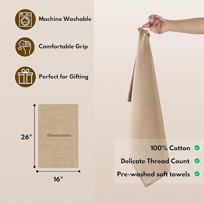 Native Fab Cotton Kitchen Towel with Hanging Loop 16x26 inches, 6-Pack, Waffle Weave Kitchen Towels for Cleaning Drying, Washcloths Soft & Absorbent Cloth Rags, Bar Towel, Dish Cloth, Beige