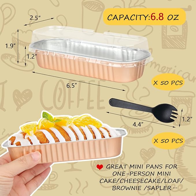LNYZQUS Disposable Mini Cake Pans with Lids 50 Pack, 6.8oz Rectangle Baking Cups Muffin Tins, Aluminum Foil Baking Tins Mini Loaf Baking Pans Holders-Champagne