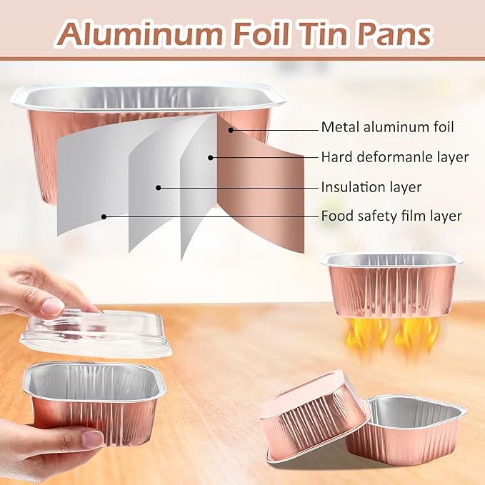 Aoriher 150 Pieces 10 oz Mini Cake Pans with Lids Aluminum Foil Baking Cups Square Disposable 4" x 4" Large Cupcake Cups Baking Tins for Kitchen Brownie Pudding Desserts Holders(Champagne)