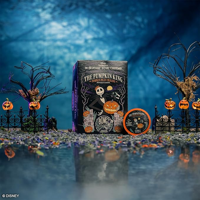 Bones Coffee Company Pumpkin King, Pumpkin Pecan Praline Flavored Coffee Pods, Low Acid Medium Roast Single-Serve Bones Cups for K-Cups Coffee Maker from The Nightmare Before Christmas, 12 Count