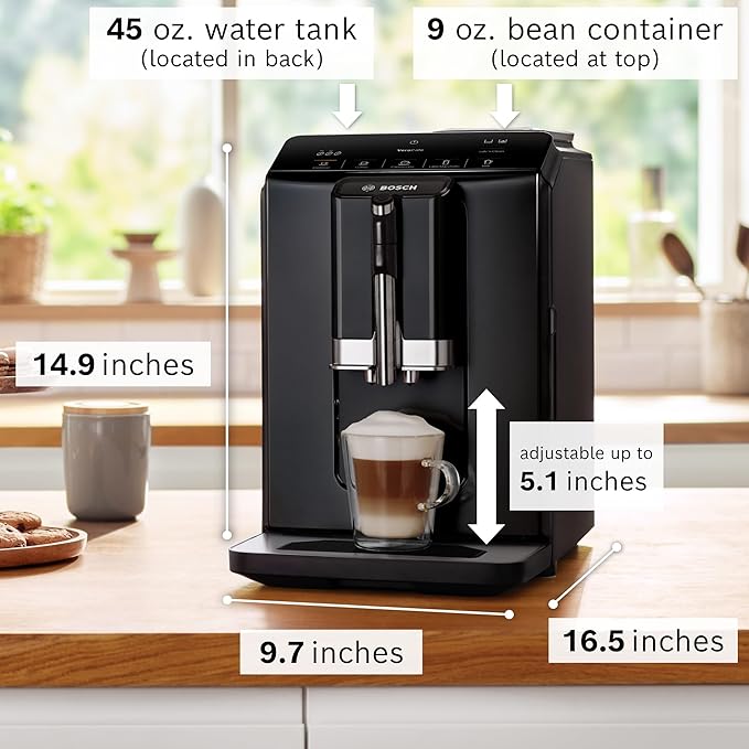Bosch 300 Series Fully Automatic Espresso and Coffee Machine ??In-Cup Frother, OneTouch Milk Drinks, 5 Drink Options, Ceramic Grinder, Easy Clean & Descale, in Black TIU20109
