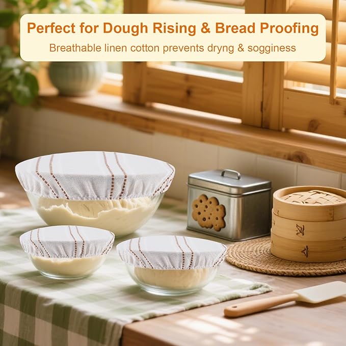 Reusable Bowl Covers for Bread Proofing, 9/10/13 Inches Bread Proofing Cover, 3 Pcs Linen Cotton Food Cover for Sourdough Proofing Basket, Food Storage Baking Supplies for Home Bakers