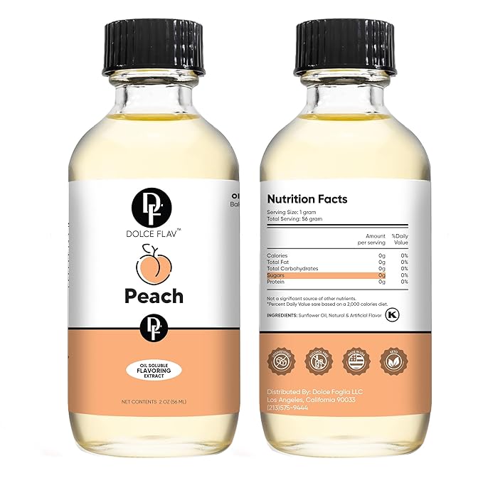 Dolce Flav Peach Extract ??2 Ounce Oil-Soluble Kosher, Sugar-Free, Concentrated Juicy Peach Flavoring for Baking, Chocolates & Desserts, Includes Measured Dropper