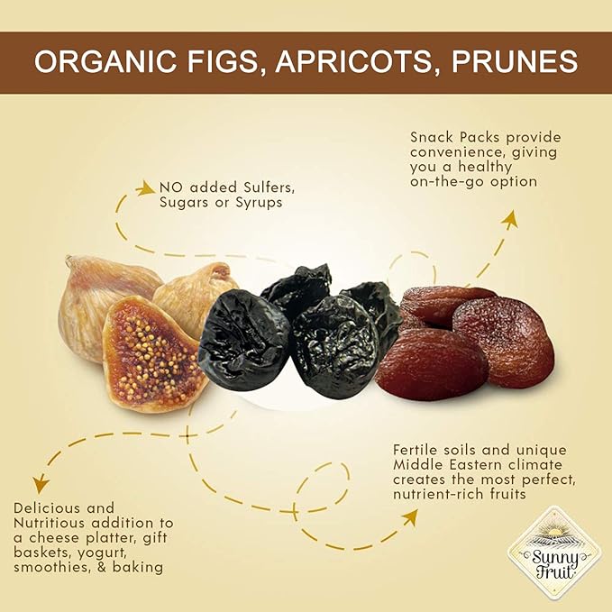 Sunny Fruit Organic Dried Fruit Assortment - Prunes, Figs & Apricots Variety, 3 Bags (15 Individual Portion Packs) | No Preservatives, No Sugar Added | ORGANIC, NON-GMO, VEGAN, HALAL, KOSHER