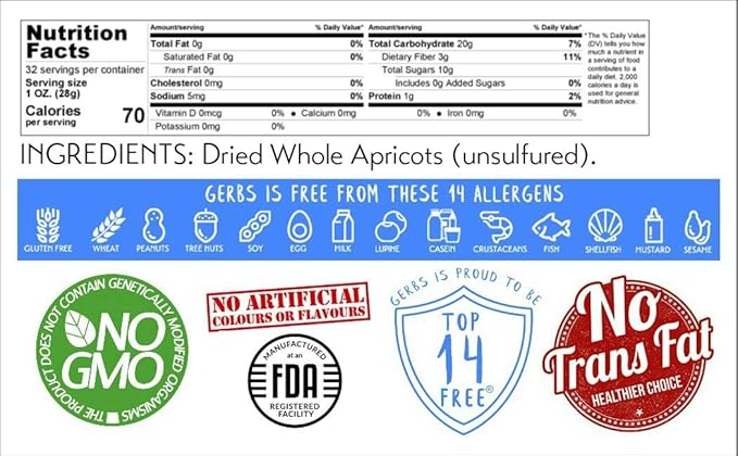 Gerbs Dried Apricots 2 lbs. | Unsulfured, No Additives, Resealable Bag | Naturally Sweet & Chewy | Top 14 Allergen-Free
