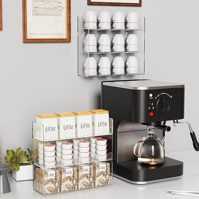 Acrylic Tea Bag Organizer, 3 Layers Tea Bag Holder for Tea Packets, No Assembly Required, Wall Mount Display Tea Caddy for Countertop or Cabinet, 12 Slots