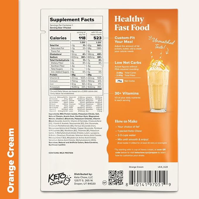 Keto Chow Orange Cream - Keto Meal Replacement Shake Powder - Nutritionally Complete - Low Carb - Delicious Easy Meal Substitute - Protein Rich You Choose The Fat - Single Meal Sample