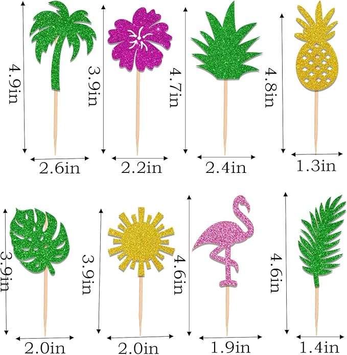 40PCS Tropical Cupcake Toppers Glitter Leaf Pineapple Flower Palm Tree Flamingo Cupcake Picks Aloha Cake Decorations for Summer Hawaiian Aloha Baby Shower Birthday Wedding Party Cake Supplies