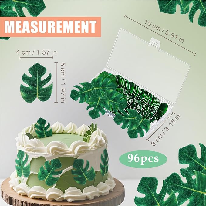 96 Pcs Hawaiian Cake Decorations, Edible Tropical Leaves, Tropical Cupcake Toppers, Mini Palm Leaves Edible Cupcake Toppers for Jungle Hawaii Theme Baby Shower Kids Birthday Party Supplies