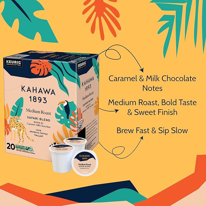 Kahawa 1893 Medium Roast Coffee K-Cup Pods Safari Blend (20 Count) - As Seen on Shark Tank, High Antioxidants, Naturally Sweet, Organically Grown & Cultivated, Ethically & Sustainably Sourced
