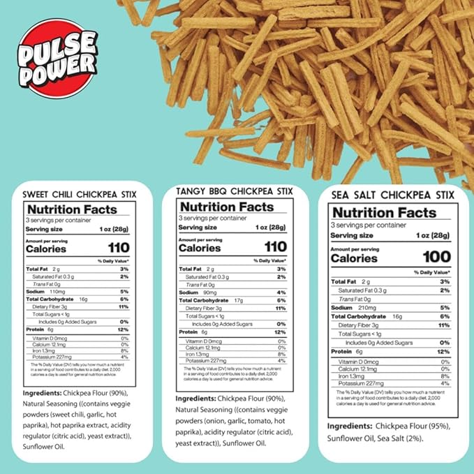 Pulse Power Chickpea Stix - Crunchy Snacks, High Protein, Gluten Free, Non-GMO, Vegan (3 pack, 3 oz) (Variety Pack)