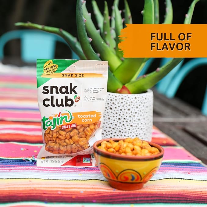 Snak Club Toasted Corn, Tajin Cl찼sico Chili & Lime Flavor, Crunchy, Flavorful Low-Cholesterol Individual Snacks, 2.5oz (Pack of 12)
