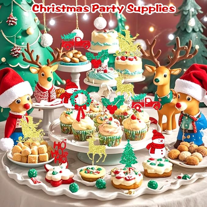 24Pcs Merry Christmas Cake Topper HO HO Christmas Cupcake Toppers Snowman Xmas Tree Deer Cupcake Picks for Xmas Holiday Birthday Party Baking Supplies Cake Decorations