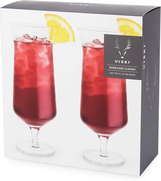 Viski Raye Hurricane Glasses, Perfect for Pina Coladas, Tropical Cocktail Glass, Crystal Glasses Gift set of 2, Clear, 14oz