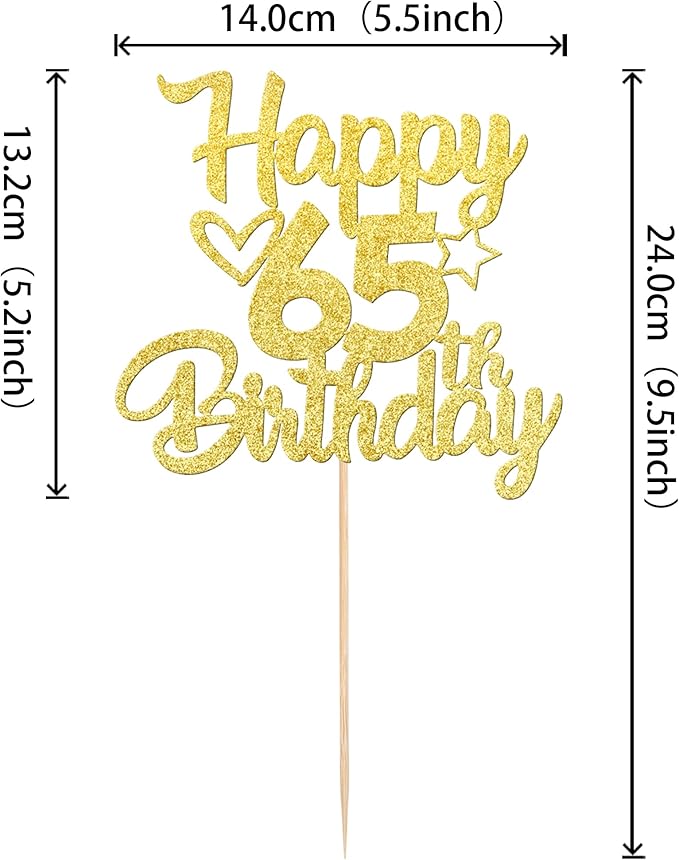 1 Pack Happy 65th Birthday Cake Topper Glitter Heart Star 65 Fabulous Cake Pick Birthday Sign Cake Decorations for Children 65th Birthday Theme Party Supplies Gold