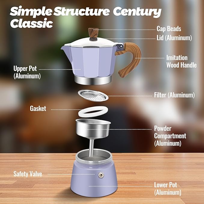 3 Cup Aluminum Moka Pot Purple Classic Stovetop Espresso Coffee Maker 150ml 5oz Coffeemaker Percolator Mocha Pot Greca Coffee Maker Cafe Makers for Italian and Cuban Cafì±?Brewing Purple