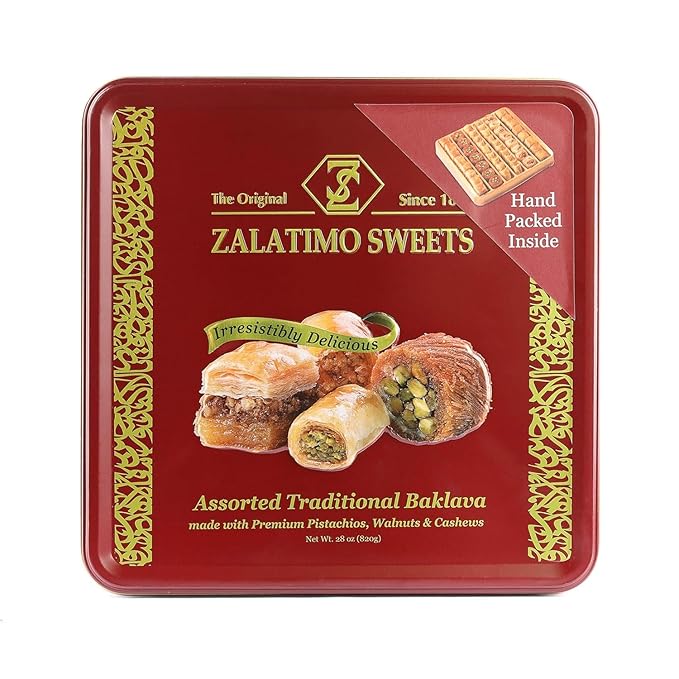 Zalatimo Sweets Since 1860, 100% All Natural Assorted Baklava, Slightly Sweet Baklava in Square Metal Gift Tin, No Preservatives, No Additives, No Corn Starch, No Syrups! 1.8Lbs