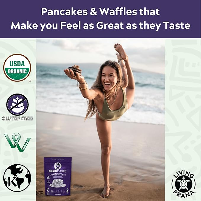 BrainCakes Superfood Organic Pancake & Waffle Mix Gluten Free | Memory, Focus & Stress Support | Just-Add-Water | By LIVING PRANA | 12oz