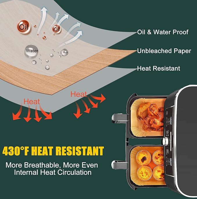 Air Fryer Disposable Paper Liners for Ninja Dual Airfryer Accessories, Non-Stick Parchment Rectangular for Baking, Oil Proof, Water Proof, for Microwave Oven (100PCS, 8.6in x 5.5in)