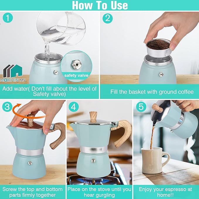 MORDEN MS Moka Pot, Stovetop Espresso Maker 6 Cup/10 OZ Italian Coffee Maker Camping Coffee Pot Manual Cuban Coffee Percolator for Cappuccino or Latte - Blue