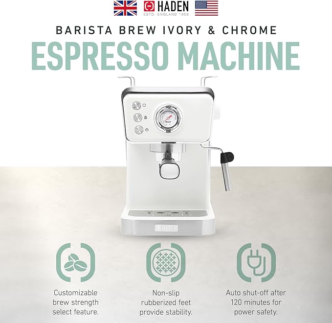 HADEN Barista Brew Espresso Coffee Machine, Stainless Steel Espresso Maker with Milk Frother and Steamer Function and 1.5L Water Tank, Ivory & Copper