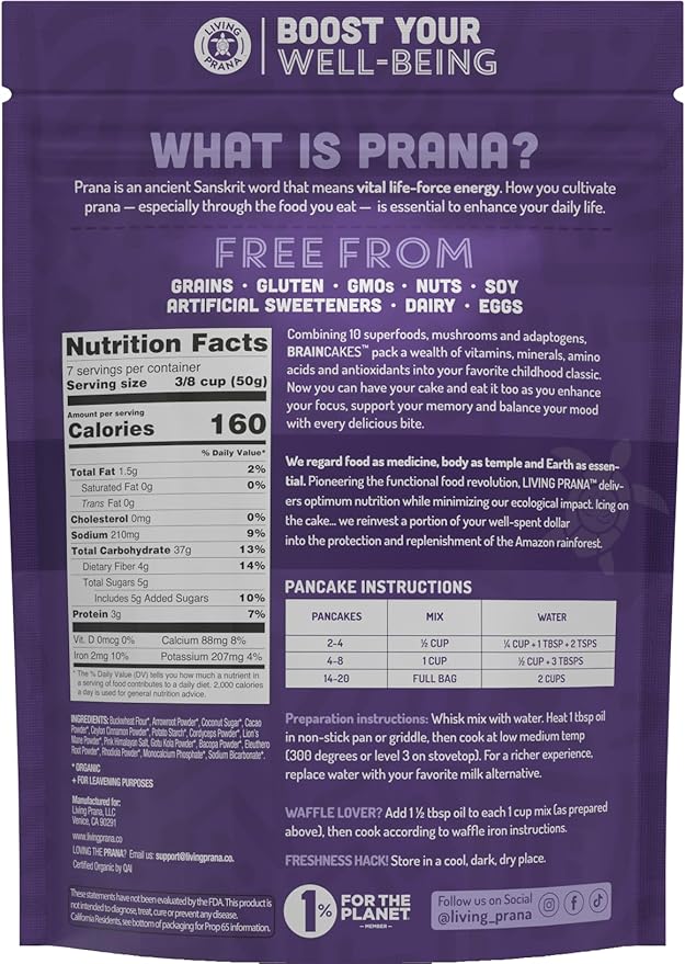 BrainCakes Superfood Organic Pancake & Waffle Mix Gluten Free | Memory, Focus & Stress Support | Just-Add-Water | By LIVING PRANA | 12oz