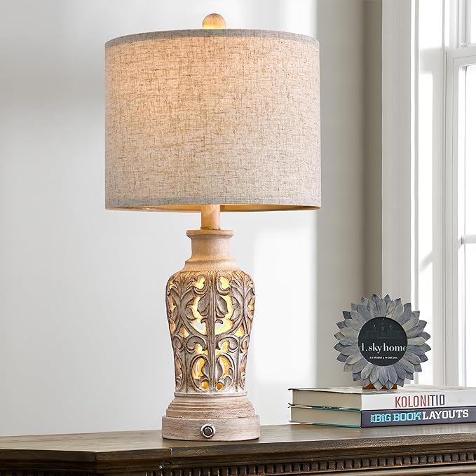 OYEARS 21.75’’Touch Control 3-Way Dimmable Table Lamp Set of 2, Retro Farmhouse Lamp with USB A+C Port, Vintage Nightlight Lamp for Living Room Bedroom Office, (Including 2 Bulbs)