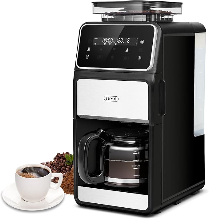 Gevi 10-Cup Grind & Brew Coffee Maker with Built-in Burr Grinder โ Programmable Touch Screen, 4-Hour Keep Warm, Permanent Filter, Drip Coffee Machine for Home & Office