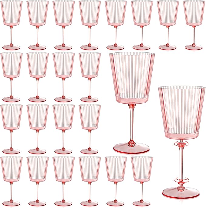 24 PCS Pink Plastic Wine Glasses with Removable Stems 13.5 OZ Ribbed Wine Glass Set Square White Wine Glasses Muted Pastel Colors Goblets Elegant Fluted Glassware for Wedding(Pink, 24 Pack)