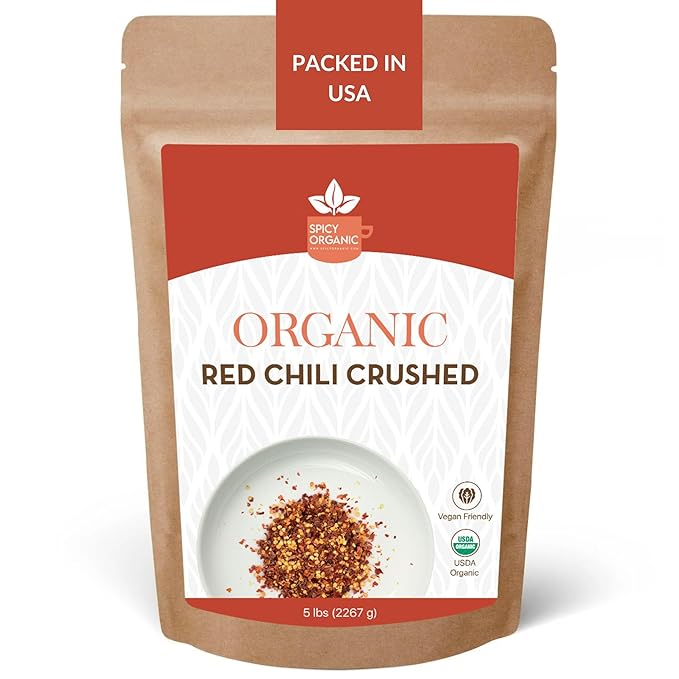 SPICY ORGANIC Crushed Red Pepper Flakes 5 lbs - Robust Chili Peppers Seasoning Spice - USDA Organic, Kosher, Non-GMO- Perfect for Pizza, Pastas, Salads, Sauces, Stews, Marinades and Pickled Vegetables