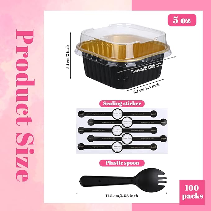 100 Pack Mini Cake Pans with Lids And Spoons, 5oz Square Mini Loaf Pans with Lids, Disposable Cupcake Ramekins Small Cake Pans Aluminum Cups with Lid, Foil Baking Cups Dessert Containers Black Gold