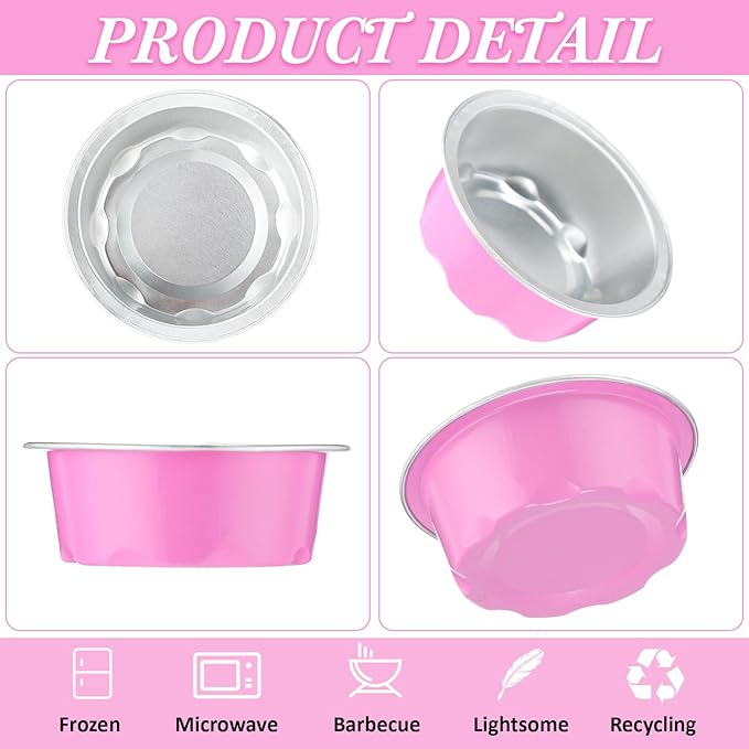 Eaasty 150 Pcs Baking Cups with Lids, 1.6 oz Muffin Cupcake Liners Aluminum Foil Mini Cake Pans Small Disposable Ramekins Flan Containers with Lids for Weddings, Birthday, Various Holiday (Pink)