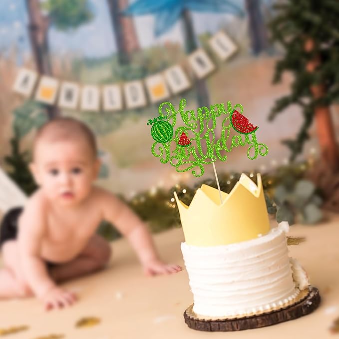 1 Pack Happy Birthday Cake Topper Glitter Watermelon Cupcake Pick Baby Shower Watermelon Fruit Kids Birthday Party Cupcake Decoration Supplies