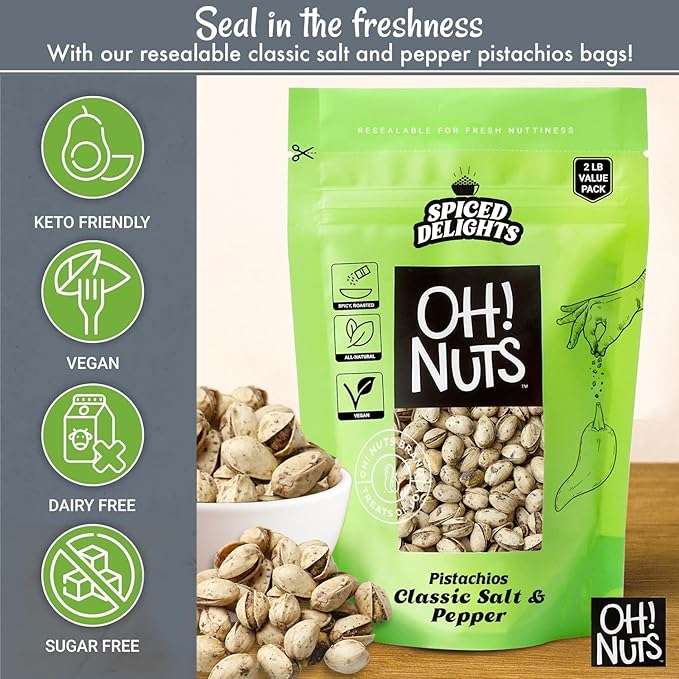 Oh! Nuts Spiced Pistachios ??Salt & Pepper, 2 LB ??Savory Seasoned Pistachios, Roasted Crunchy Snack ??Packed in Reclosable Bag to Maintain Freshness