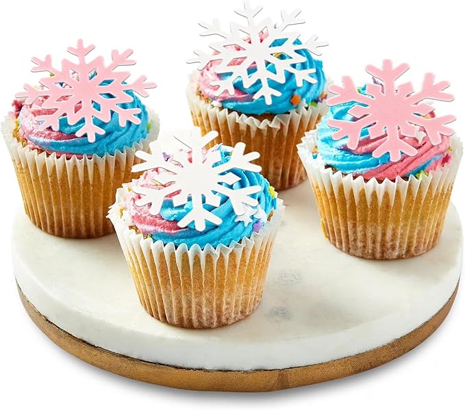 60 PCS Edible Snowflake Cupcake Toppers Snowflake Frozen Party Cake Decorations Edible Snowflake Cupcake Picks for Christmas Winter Frozen Theme Baby Shower Birthday Party Supplies White Pink