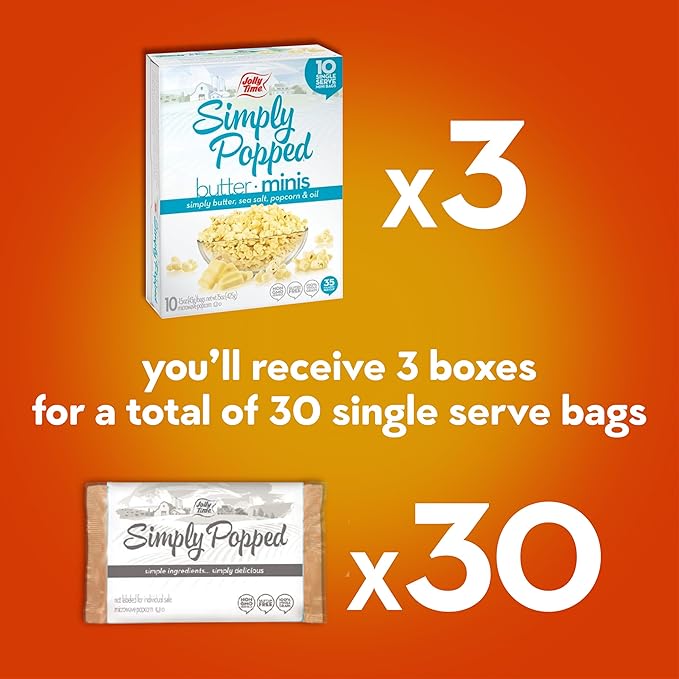 Jolly Time Simply Popped Butter Minis, Lightly Salted Microwave Popcorn, 1.5oz Personal Bag, 10 Bags Per Carton (1.5 Ounce (Pack of 30))